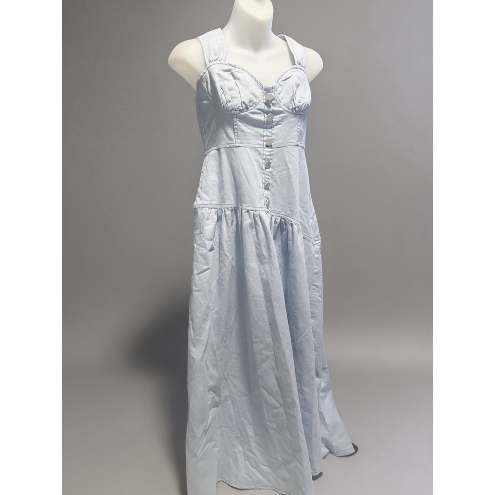 Indikah Light Blue Sweetheart Sleeveless Button Front Long Overall Dress M